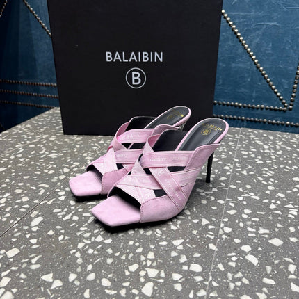 BALMAIN 26S HIGH-HEEL SANDALS 95 MM IN PALE LILAC PINK SUEDE AND FABRIC