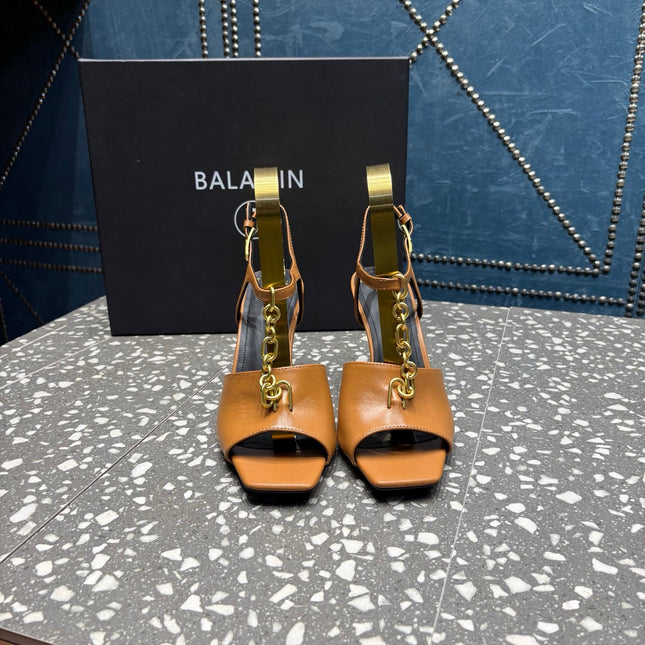 BALMAIN 26S HIGH-HEEL SANDALS 95 MM IN BROWN CALFSKIN
