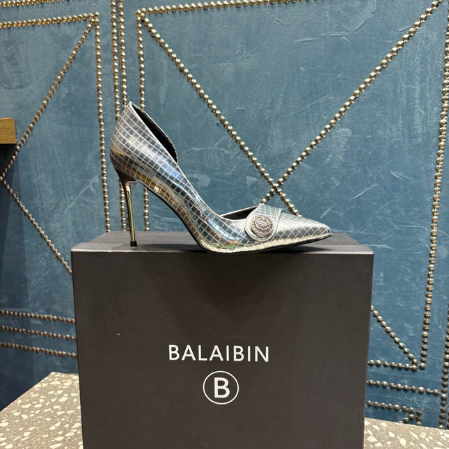 BALMAIN 26S HIGH-HEEL SHOES 95 MM IN SILVER CALFSKIN