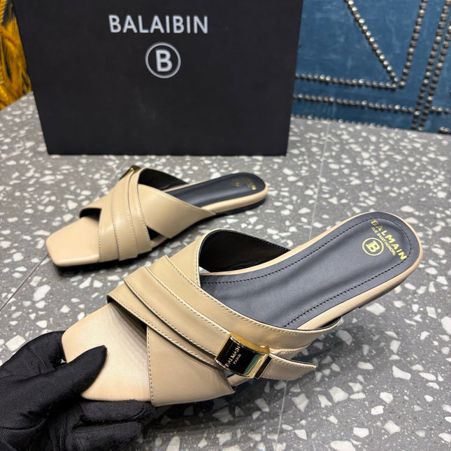 BALMAIN 26S CROSS-STRAP SLIDES IN BEIGE CALFSKIN