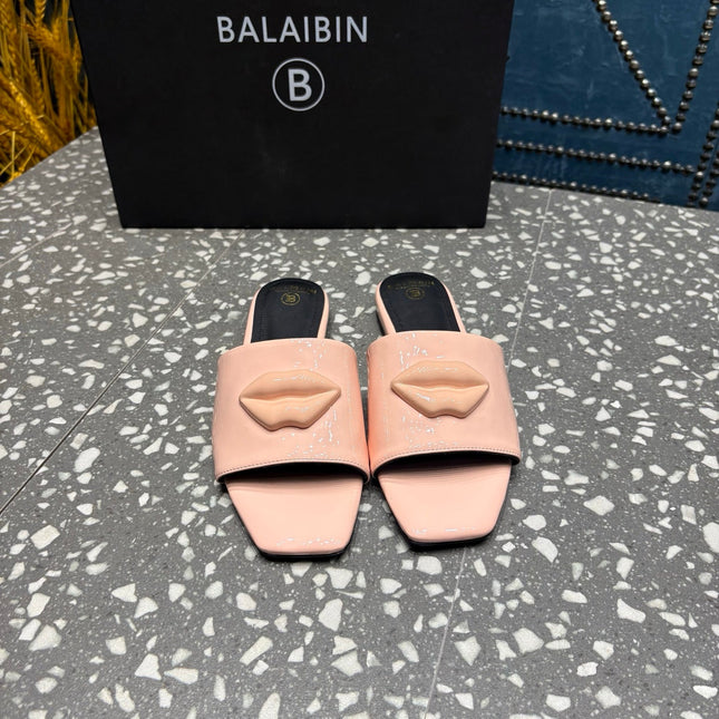 BALMAIN 26S SLIPPERS IN LIGHT PINK GLOSSY CALFSKIN