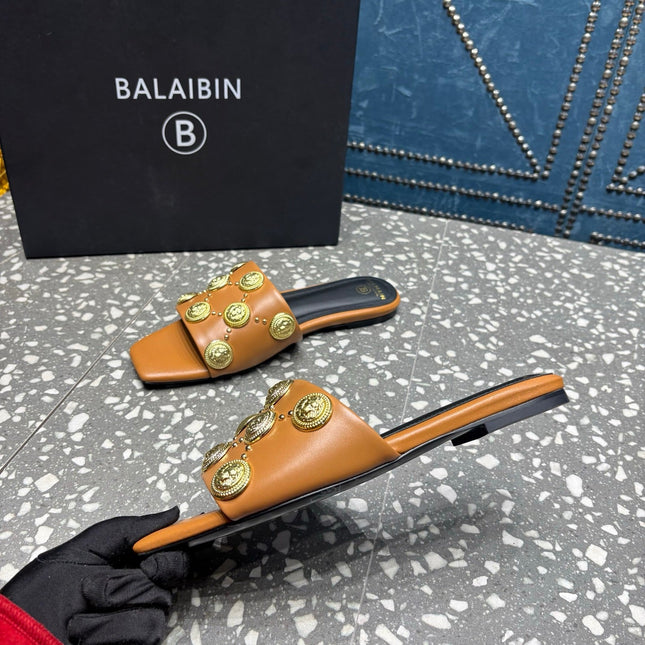 BALMAIN 26S SLIPPERS IN BROWN CALFSKIN WITH GOLD HARDWARE