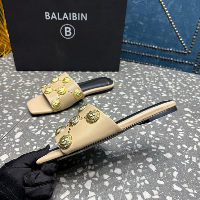 BALMAIN 26S SLIPPERS IN BEIGE CALFSKIN WITH GOLD HARDWARE