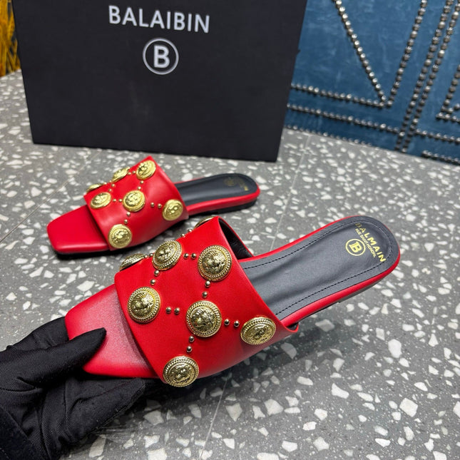 BALMAIN 26S SLIPPERS IN RED CALFSKIN WITH GOLD HARDWARE