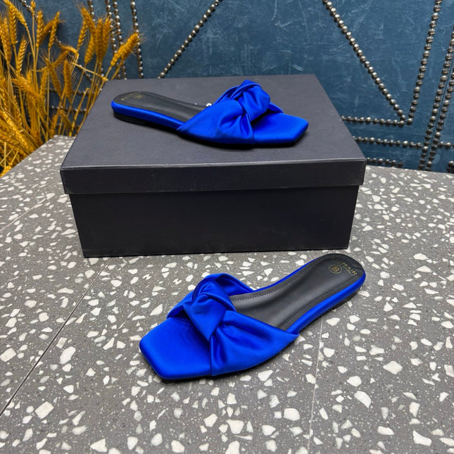 BALMAIN 26S SLIDES IN NAVY BLUE SATIN