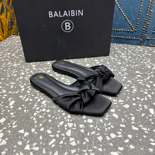 BALMAIN 26S SLIDES IN BLACK SATIN
