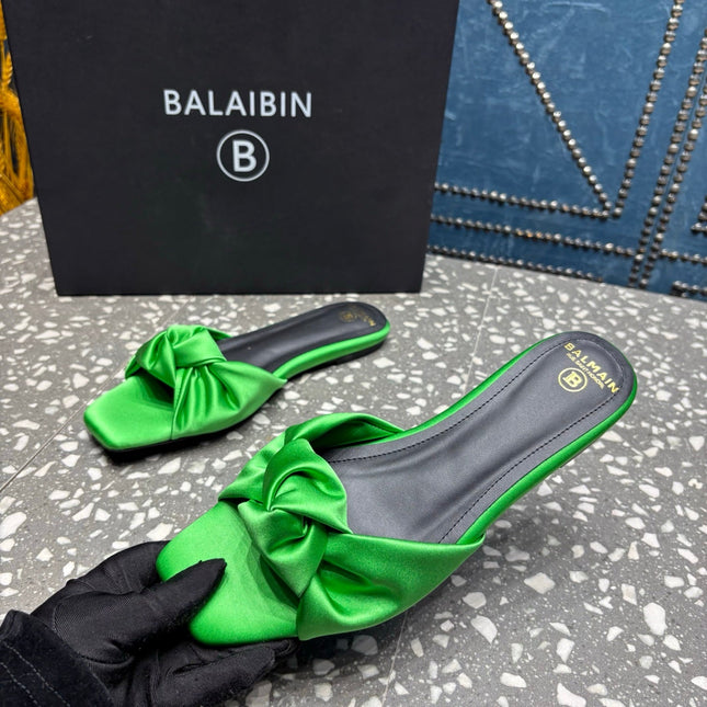 BALMAIN 26S SLIDES IN GREEN SATIN