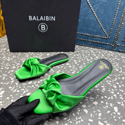 BALMAIN 26S SLIDES IN GREEN SATIN