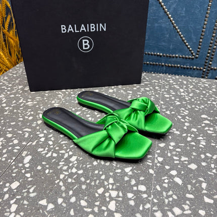 BALMAIN 26S SLIDES IN GREEN SATIN