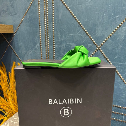 BALMAIN 26S SLIDES IN GREEN SATIN