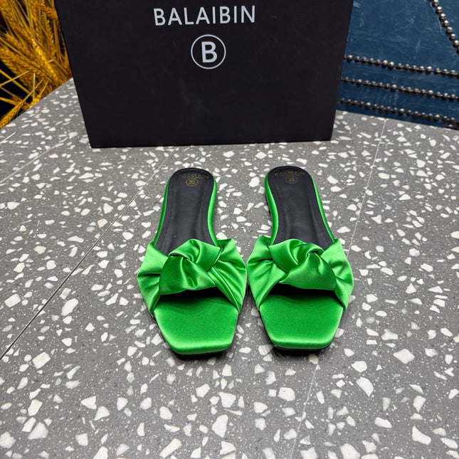 BALMAIN 26S SLIDES IN GREEN SATIN