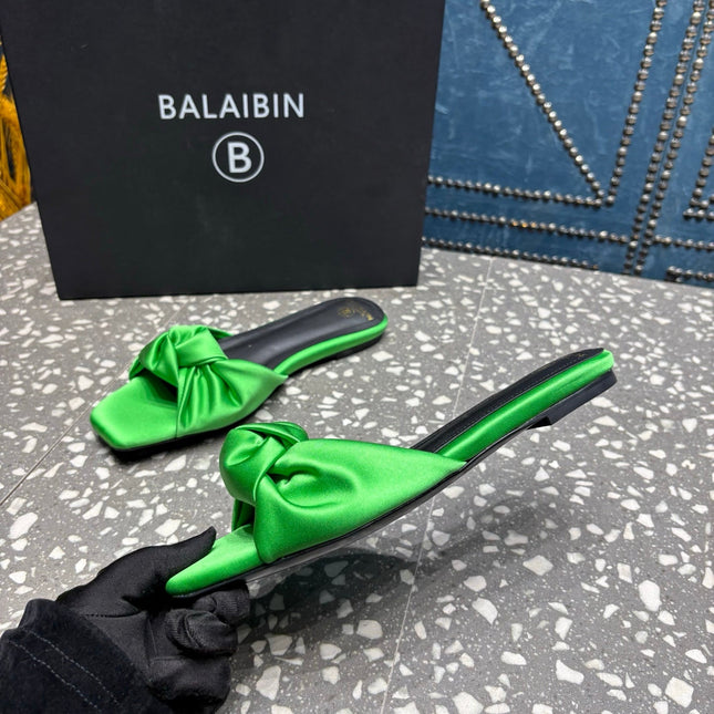 BALMAIN 26S SLIDES IN GREEN SATIN
