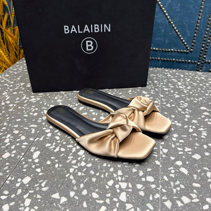 BALMAIN 26S SLIDES IN LIGHT WARM BEIGE SATIN