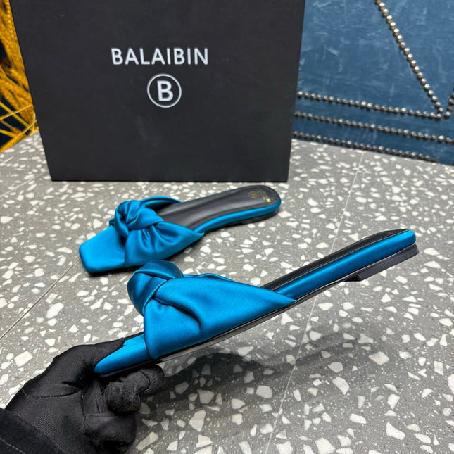 BALMAIN 26S SLIDES IN OCEAN BLUE SATIN