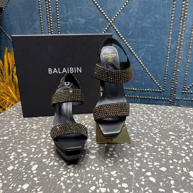 BALMAIN 26S HIGH-HEELED SANDALS 105 MM IN BLACK CALFSKIN WITH GOLD STONE EMBELLISHED
