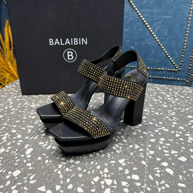 BALMAIN 26S HIGH-HEELED SANDALS 105 MM IN BLACK CALFSKIN WITH GOLD STONE EMBELLISHED