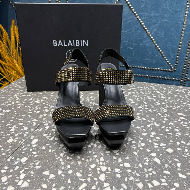 BALMAIN 26S HIGH-HEELED SANDALS 105 MM IN BLACK CALFSKIN WITH GOLD STONE EMBELLISHED