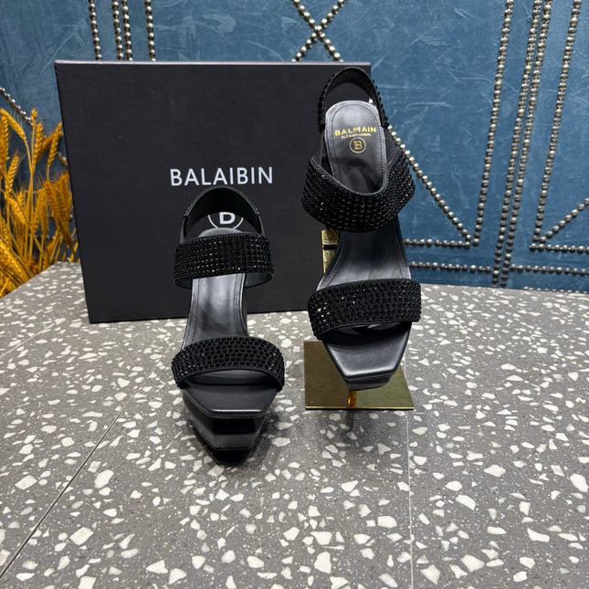 BALMAIN 26S HIGH-HEELED SANDALS 105 MM IN BLACK CALFSKIN STONE EMBELLISHED