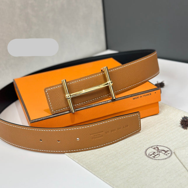 HM 26S H DANCRE BELT IN TAN BROWN REVERSIBLE CALFSKIN GOLD HARDWARE
