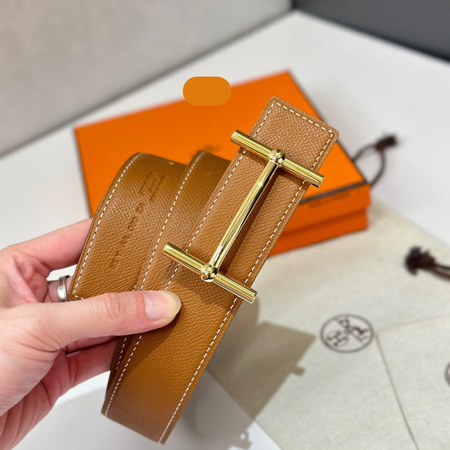 HM 26S H DANCRE BELT IN TAN BROWN REVERSIBLE CALFSKIN GOLD HARDWARE