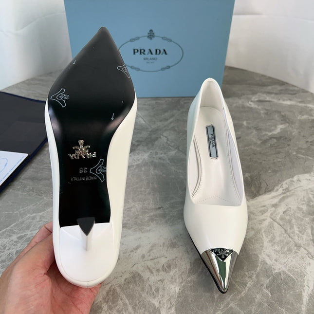 PRADA 25S METAL-CAPPED POINTED-TOE HIGH HEELS IN WHITE CALFSKIN