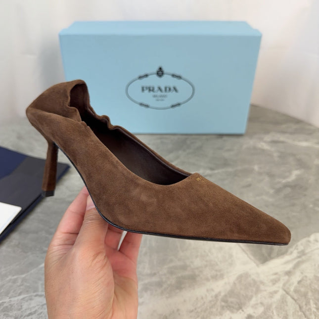PRADA 25S HIGH HEELS 75 MM IN DARK BROWN SUEDE