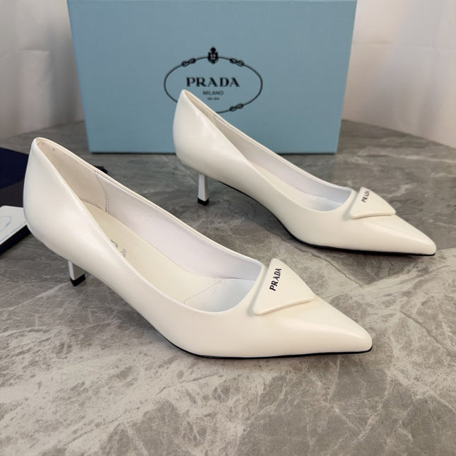 PRADA 25S POINTED-TOE HIGH HEELS 55 MM IN WHITE GLOSSY LAMBSKIN