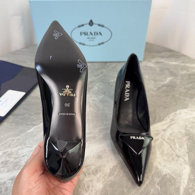 PRADA 25S POINTED-TOE HIGH HEELS 55 MM IN BLACK GLOSSY LAMBSKIN