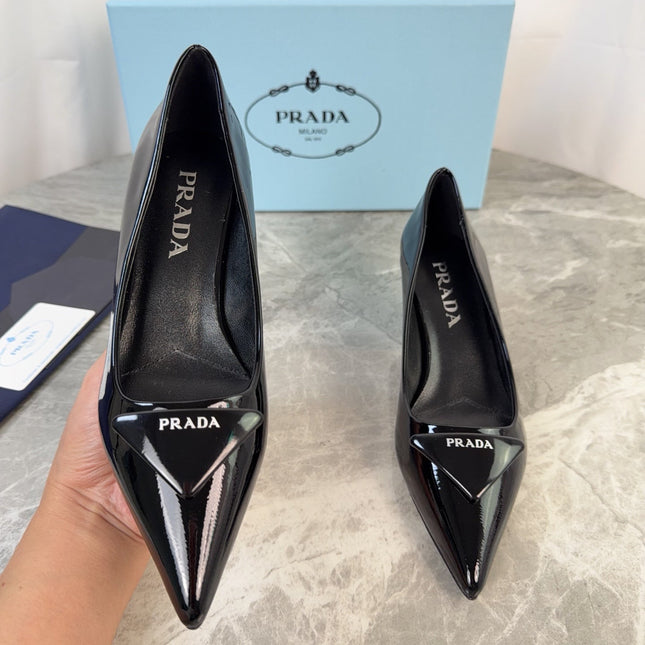 PRADA 25S POINTED-TOE HIGH HEELS 55 MM IN BLACK GLOSSY LAMBSKIN