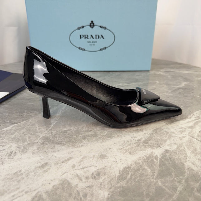 PRADA 25S POINTED-TOE HIGH HEELS 55 MM IN BLACK GLOSSY LAMBSKIN