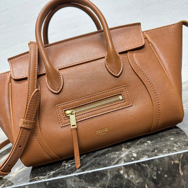 CELINE 25S NEW LUGGAGE 38MM IN TAN BROWN LAMBSKIN GOLD HARDWARE