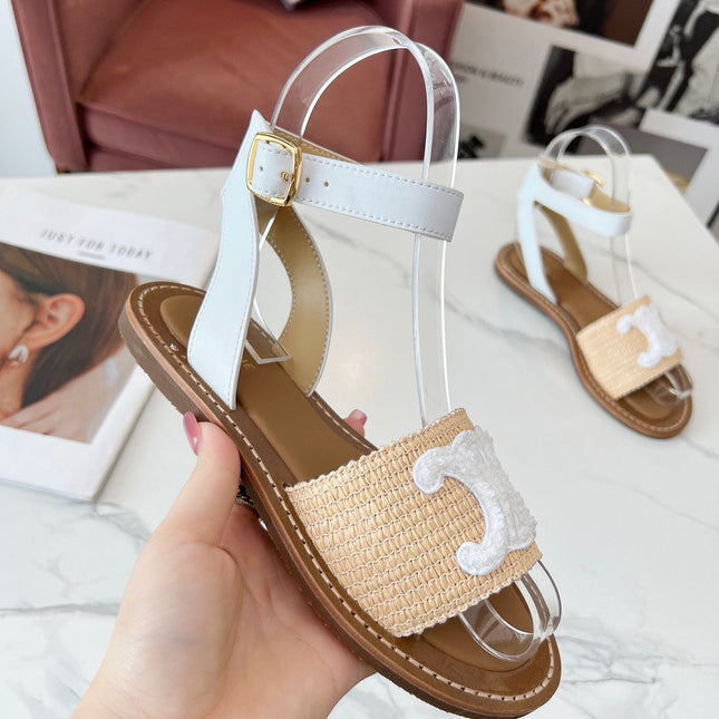 TRIOMPHE SANDALS BEIGE RAFFIA WHITE WOOL