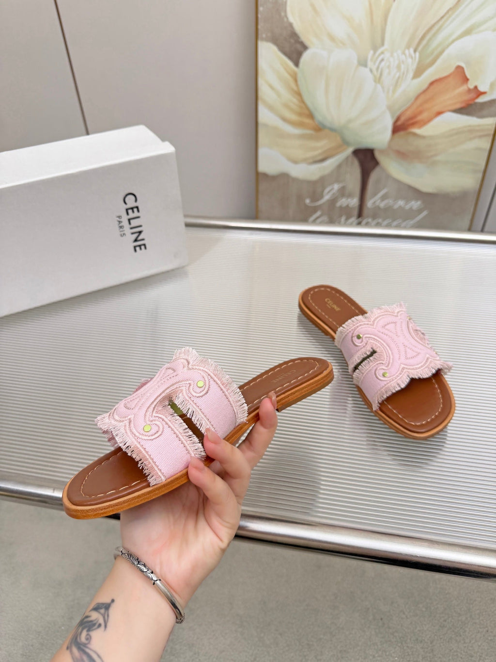 CELINE 26S TRIOMPHE SLIDE SANDALS IN NUDE PINK CANVAS