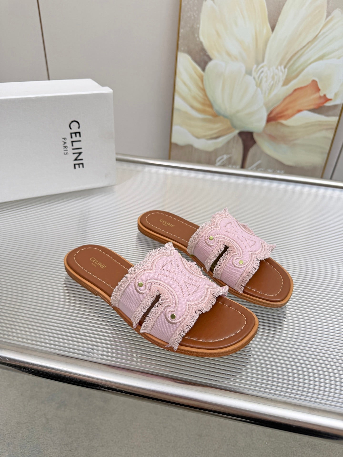 CELINE 26S TRIOMPHE SLIDE SANDALS IN NUDE PINK CANVAS