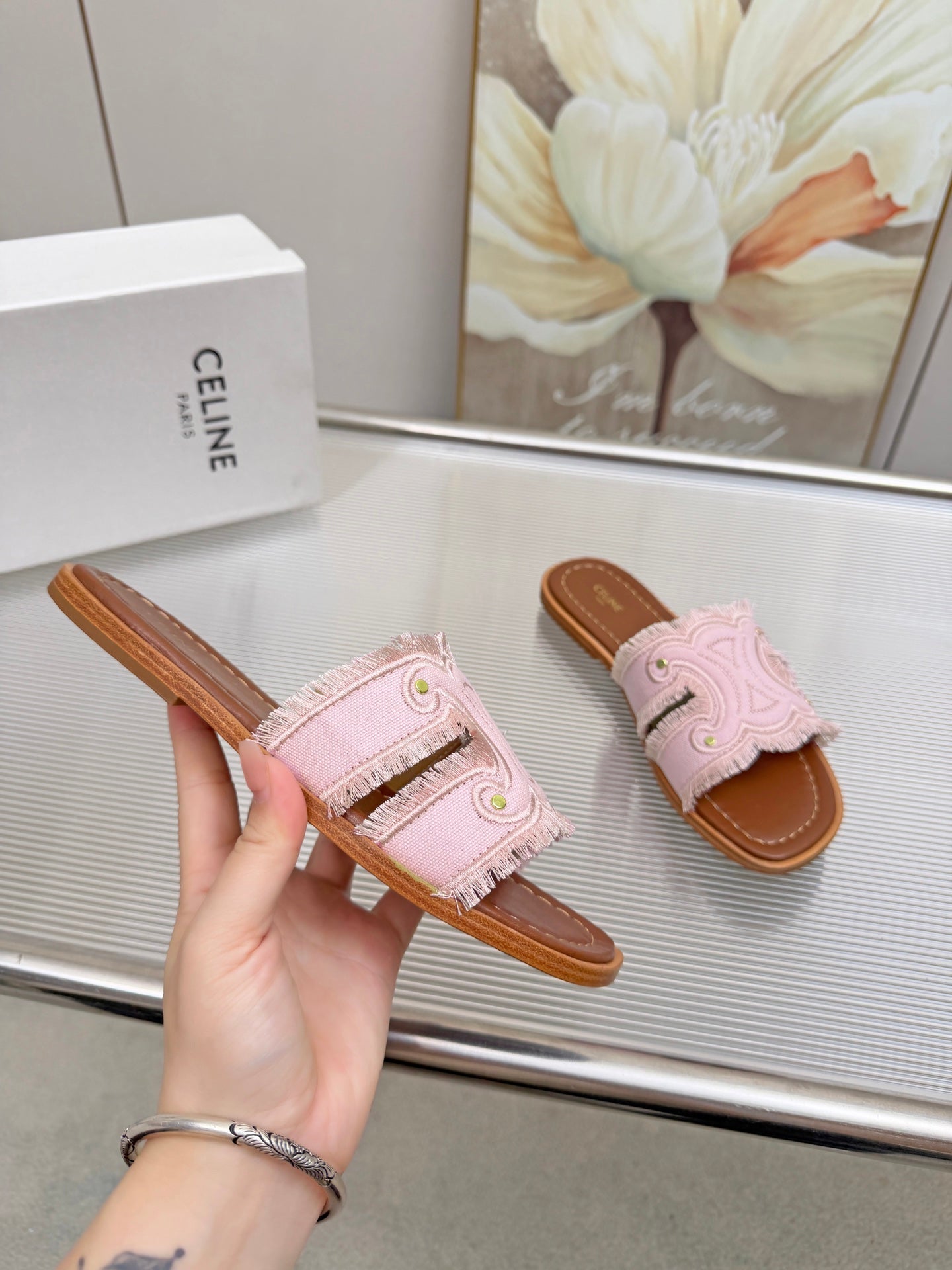 CELINE 26S TRIOMPHE SLIDE SANDALS IN NUDE PINK CANVAS