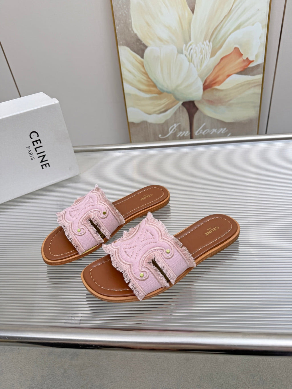 CELINE 26S TRIOMPHE SLIDE SANDALS IN NUDE PINK CANVAS