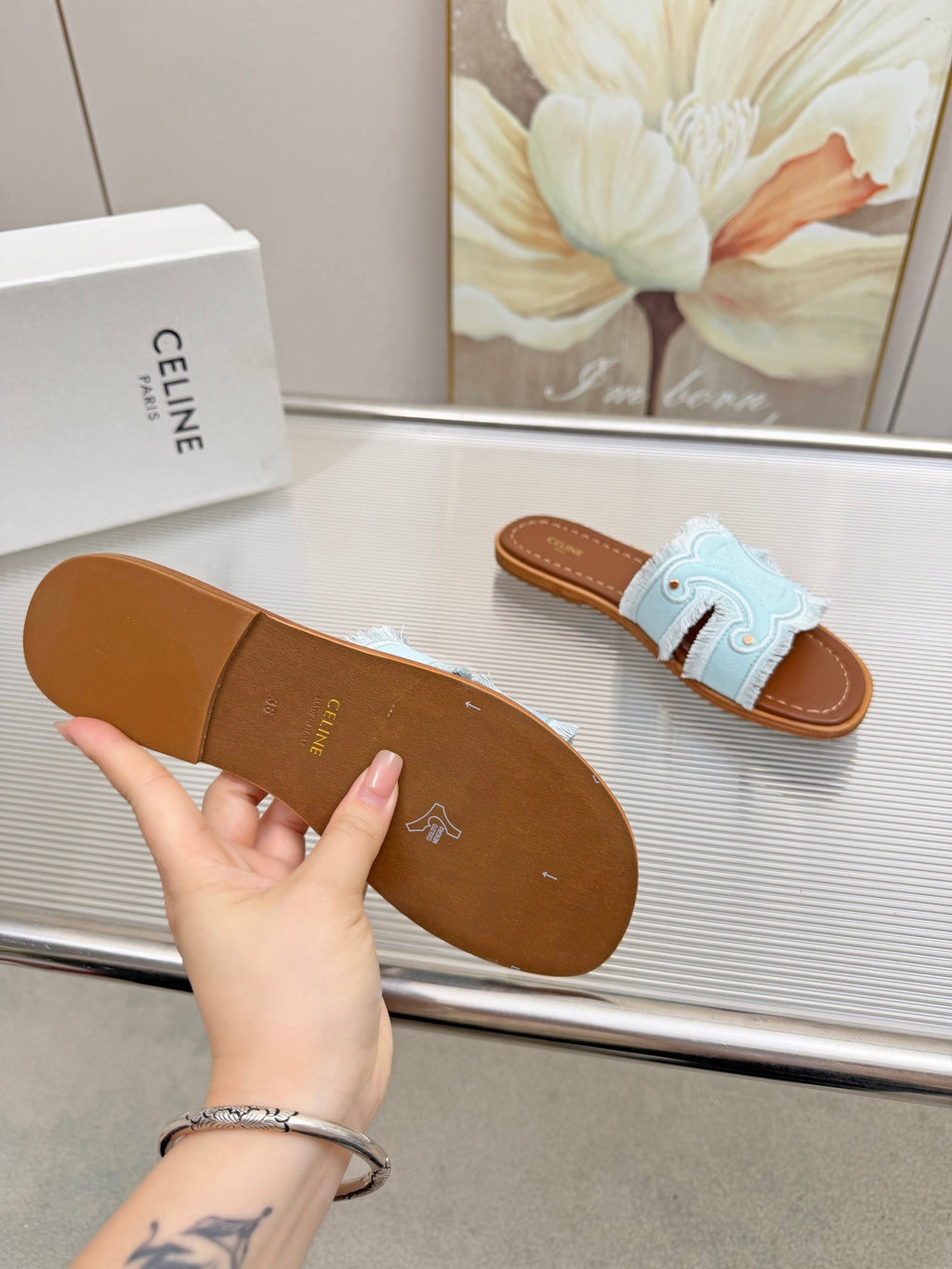 CELINE 26S TRIOMPHE SLIDE SANDALS IN SKY BLUE CANVAS
