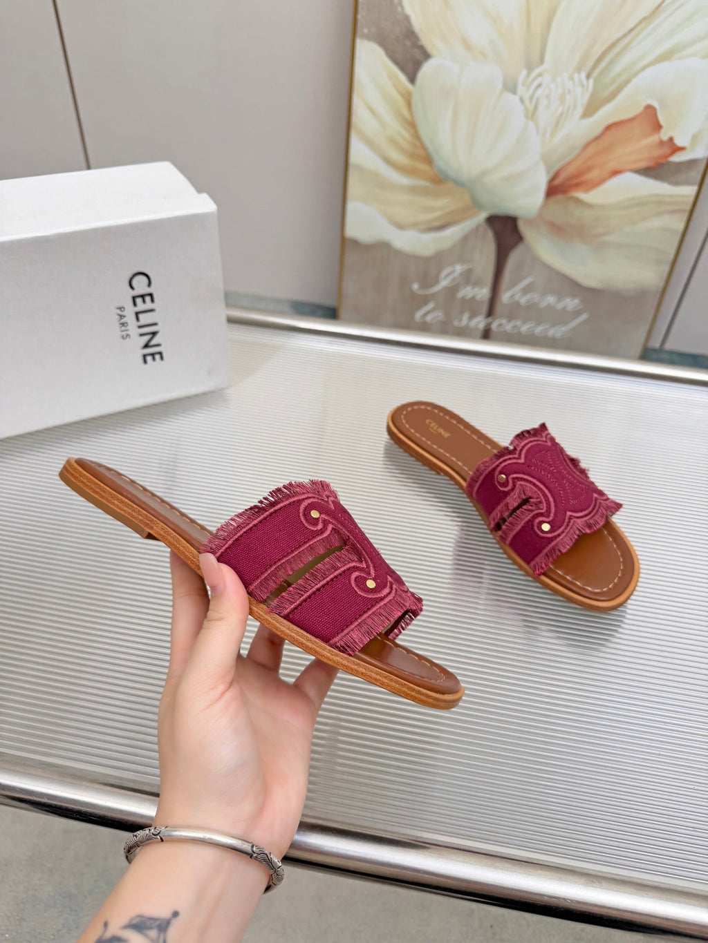 CELINE 26S TRIOMPHE SLIDE SANDALS IN BERRY PINK CANVAS