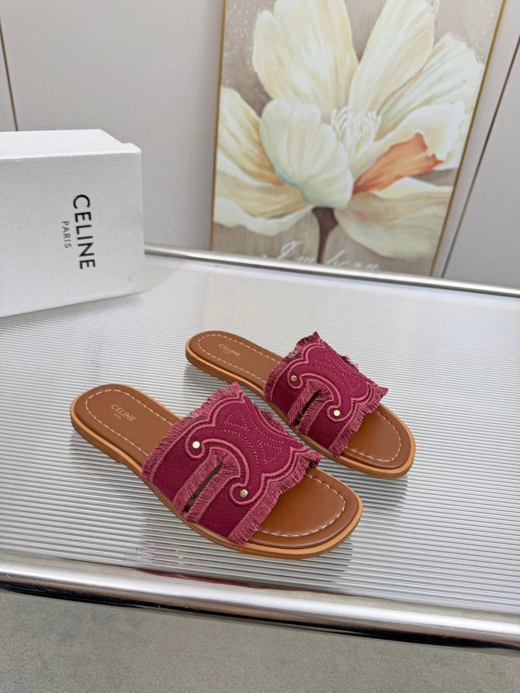 CELINE 26S TRIOMPHE SLIDE SANDALS IN BERRY PINK CANVAS