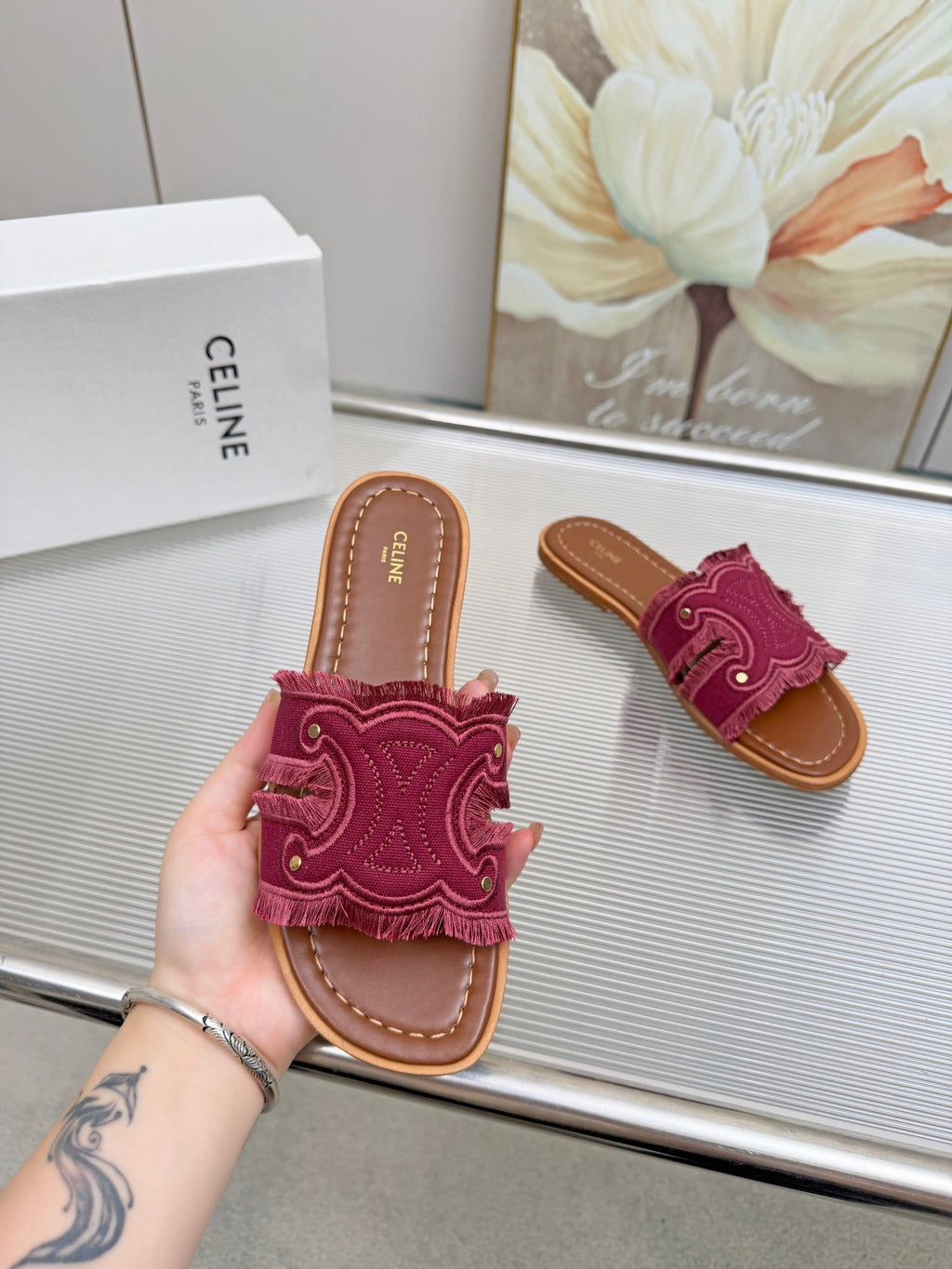 CELINE 26S TRIOMPHE SLIDE SANDALS IN BERRY PINK CANVAS