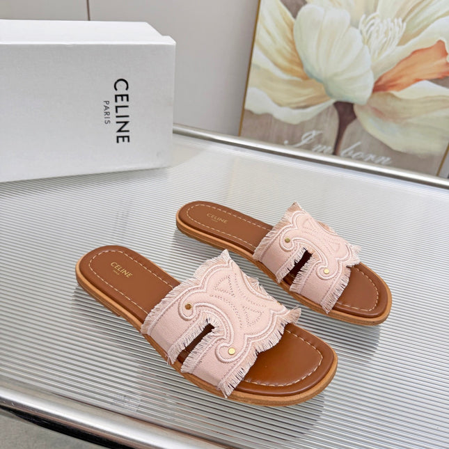 CELINE 26S TRIOMPHE SLIDE SANDALS IN BLUSH PINK CANVAS