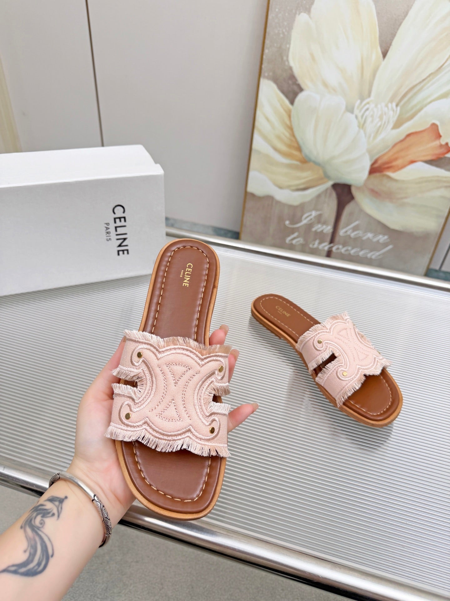 CELINE 26S TRIOMPHE SLIDE SANDALS IN BLUSH PINK CANVAS