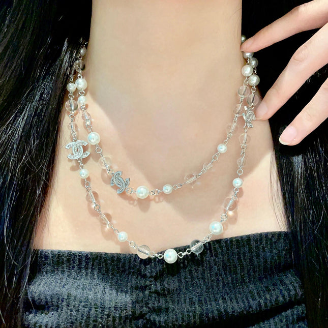 CHANEL 26S DOUBLE C LOGO PEARL & CRYSTAL LAYERED CHAIN NECKLACE IN SILVER METAL 629169