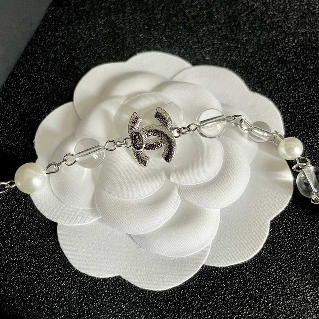 CHANEL 26S DOUBLE C LOGO PEARL & CRYSTAL LAYERED CHAIN NECKLACE IN SILVER METAL 629169