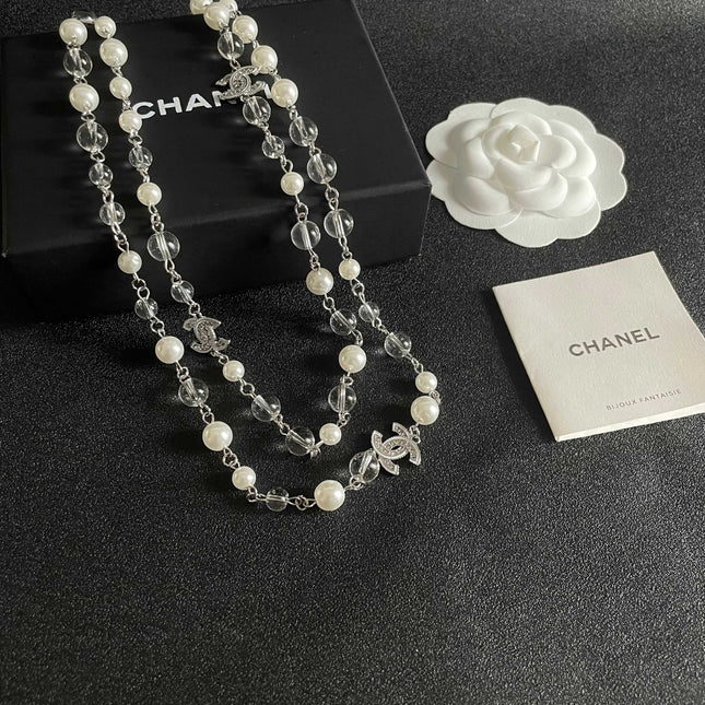 CHANEL 26S DOUBLE C LOGO PEARL & CRYSTAL LAYERED CHAIN NECKLACE IN SILVER METAL 629169