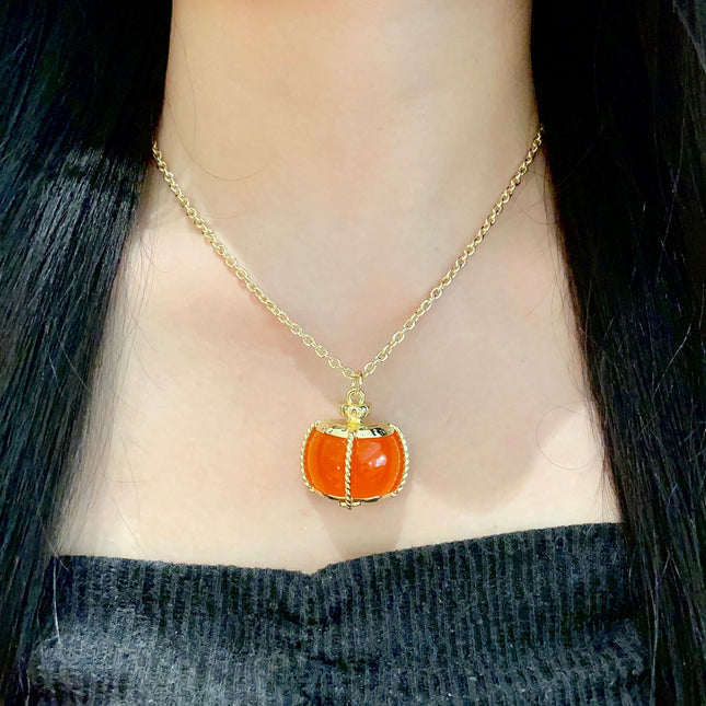CHANEL 26S DOUBLE C LOGO ORANGE RESIN STATEMENT PENDANT NECKLACE IN GOLD METAL 629172