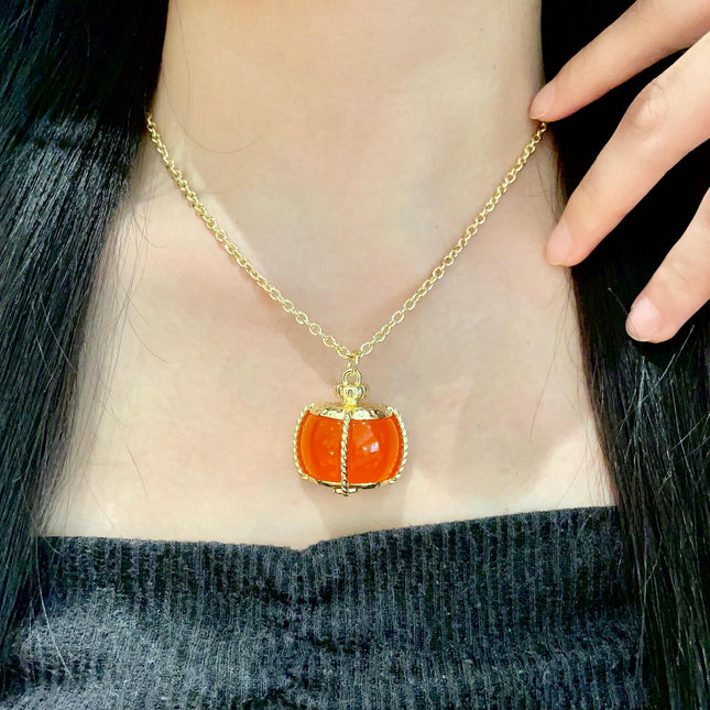 CHANEL 26S DOUBLE C LOGO ORANGE RESIN STATEMENT PENDANT NECKLACE IN GOLD METAL 629172