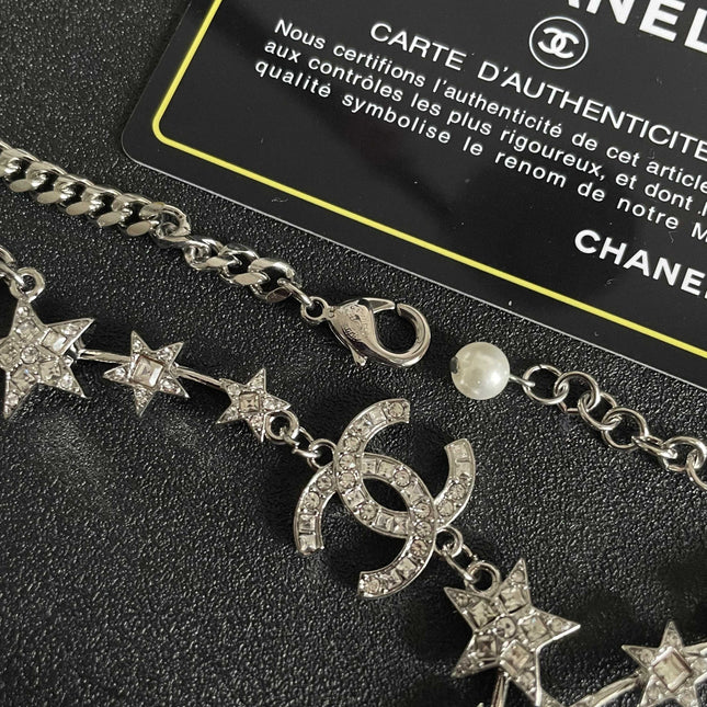 CHANEL 26S DOUBLE C LOGO STAR & PEARL DROP CHAIN NECKLACE IN SILVER METAL 629971