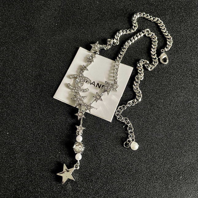 CHANEL 26S DOUBLE C LOGO STAR & PEARL DROP CHAIN NECKLACE IN SILVER METAL 629971