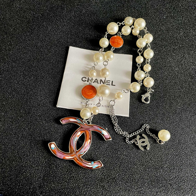 CHANEL 26S CC MARBLE PEARL CHAIN NECKLACE IN SILVER METAL 630056